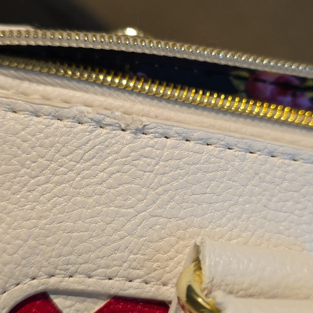 Betsey Johnson White Satchel with Pink Woven Panel & Bow